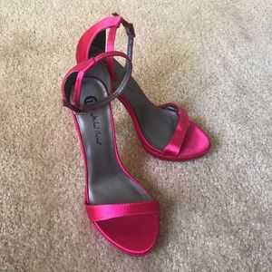 Hot pink satin ankle strap heels